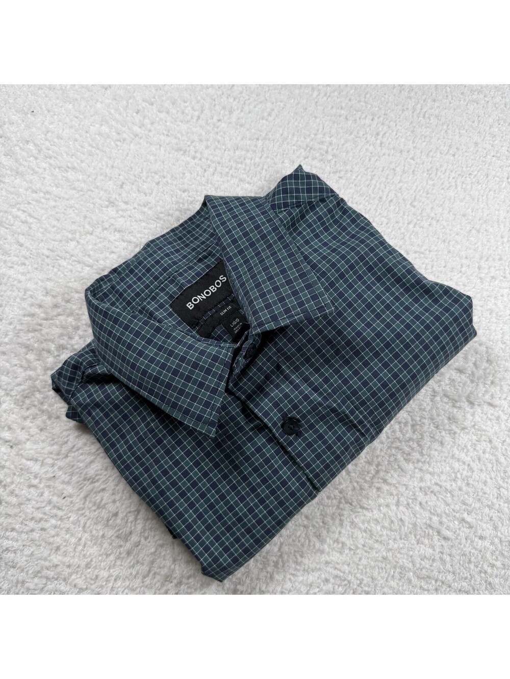 Bonobos Men’s Large Slim Fit Green Navy Check Stretch Long Sleeve Shirt